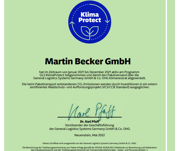 GLS Zertifikat Clima Protect MB GMBH